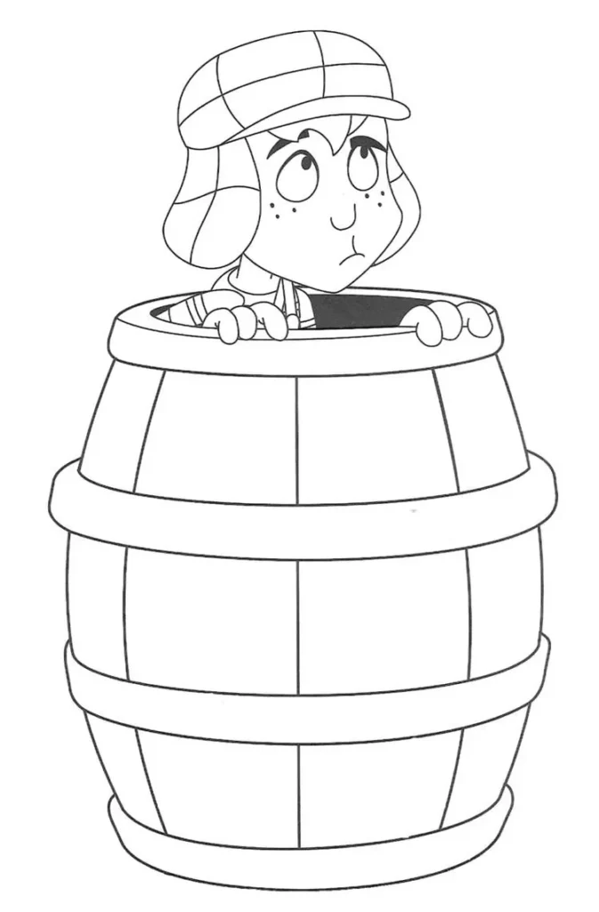 Chaves para colorir no barril: Desenho do personagem em seu esconderijo.