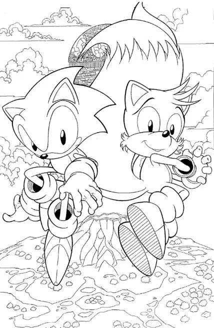 Desenhos do Sonic 2 para colorir Sobrevoando o Vulcão Sonic e Tails aventureiros sobrevoam vulcão em desenho para colorir.