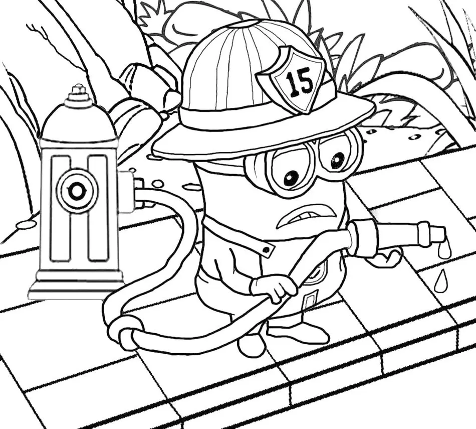 Minion Bombeiro para colorir: Desenho divertido com hidrante e mangueira