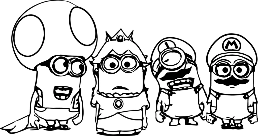 Minions Mario para colorir: Cabeção fantasiado de Toad, Peach, Mario e Luigi.