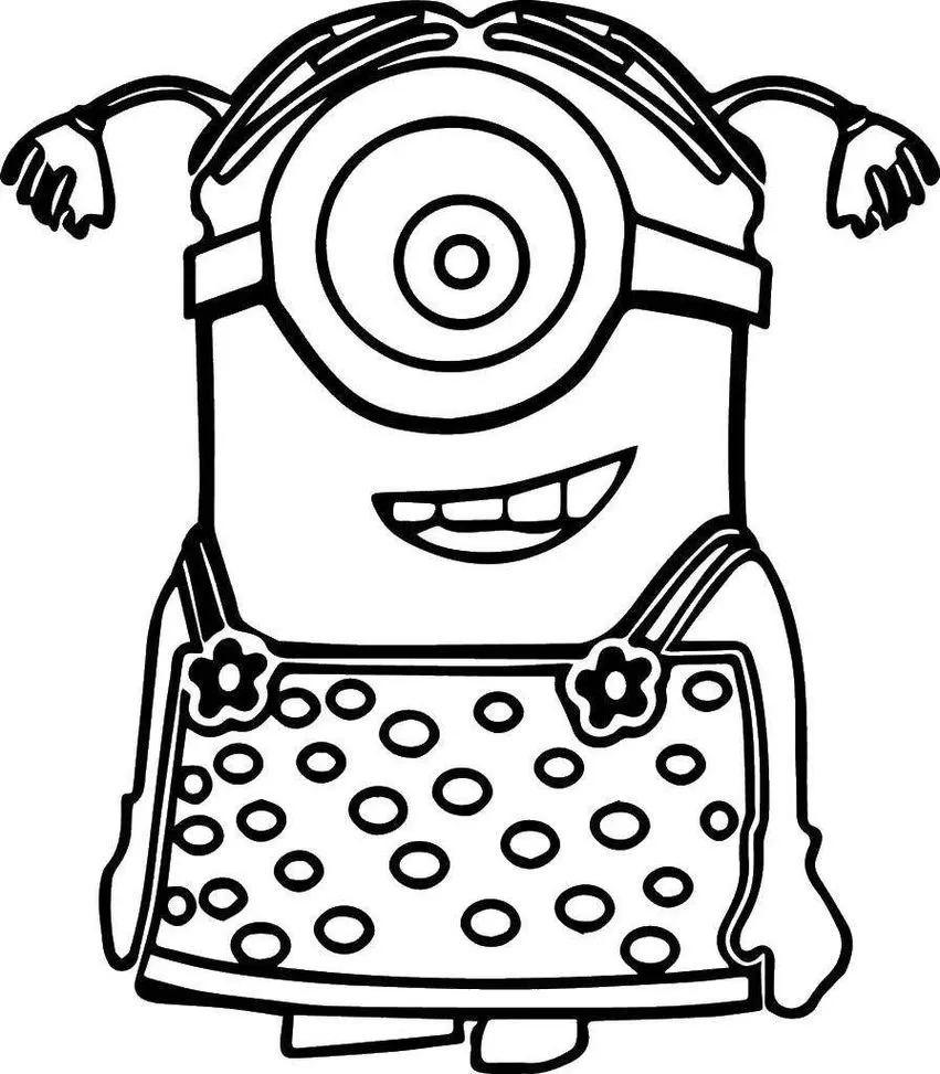 Minion Fêmea com Cabelo Amarrado para Colorir: Desenho divertido com vestido de flores e óculos.