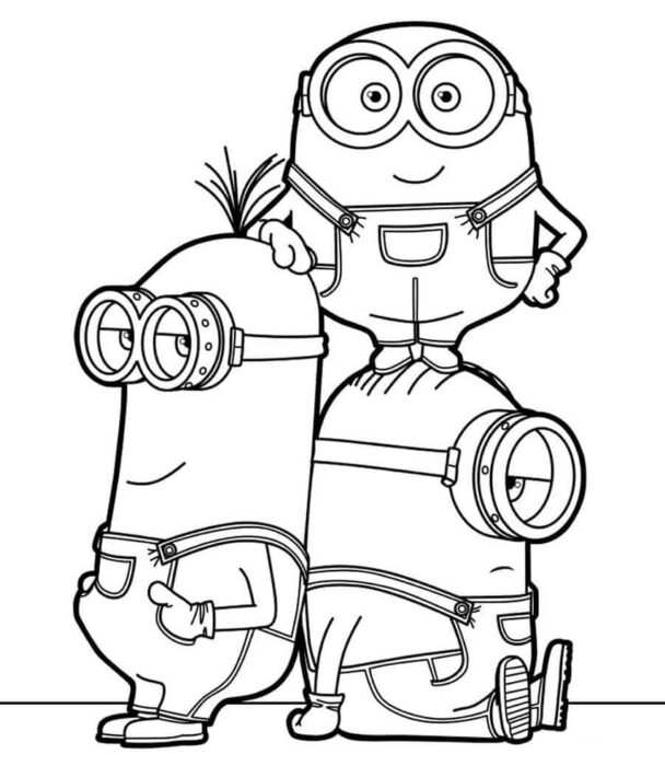 Desenho dos Minions empilhados para colorir. Três Minions com macacões em pose divertida.