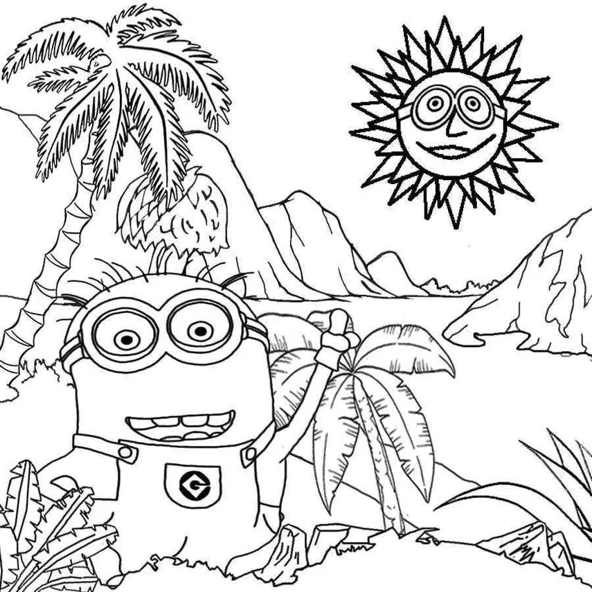 Minion de férias para colorir: diversão tropical e sorriso contagiante!