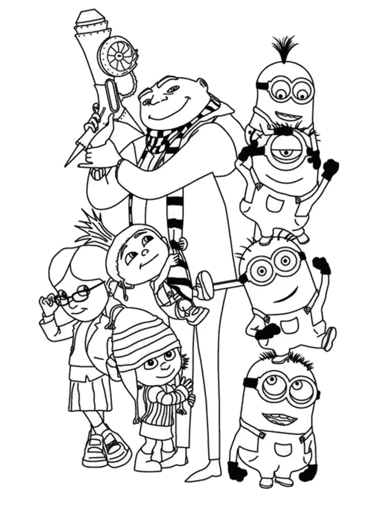 Minions e família de Meu Malvado Favorito para colorir. Desenho com Gru, Agnes, Edith, Margo e os Minions.