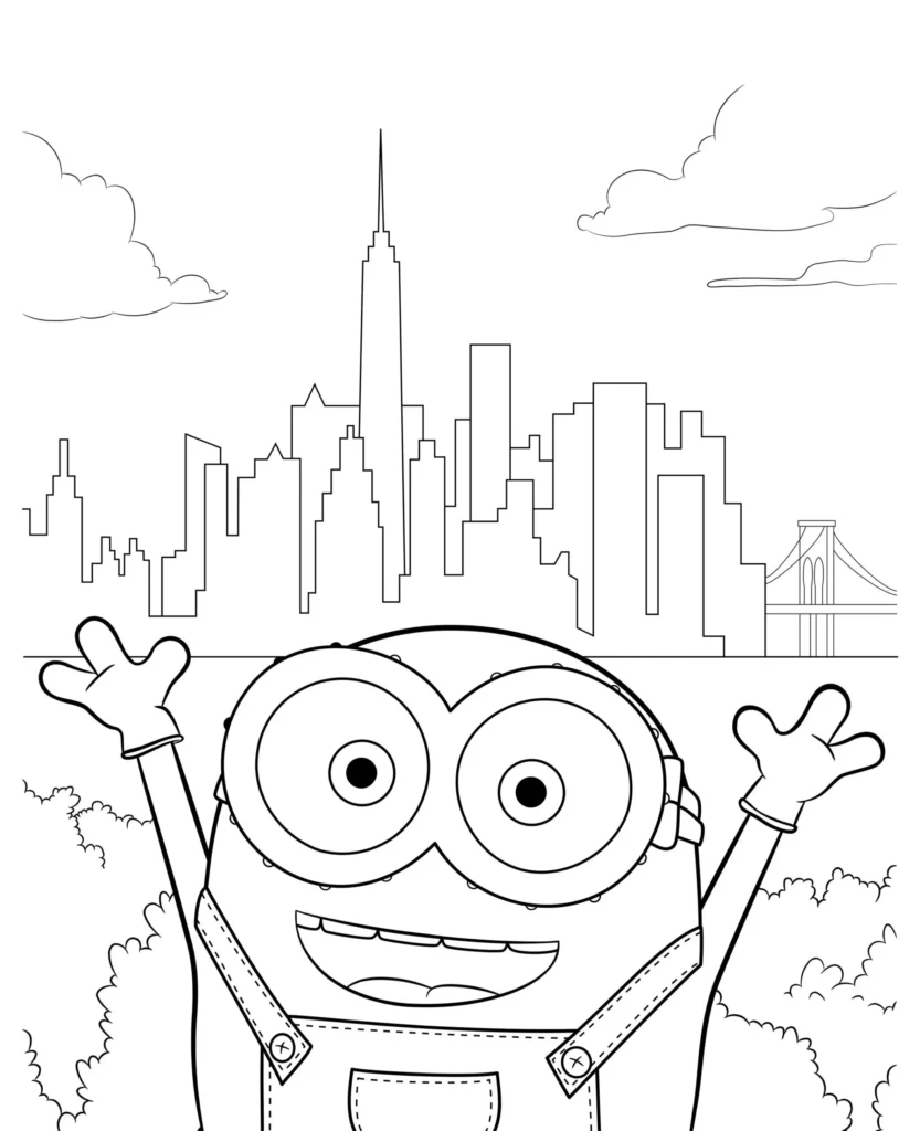 Minion para colorir em cenário urbano com arranha-céus e ponte. Desenho divertido para atividades criativas.