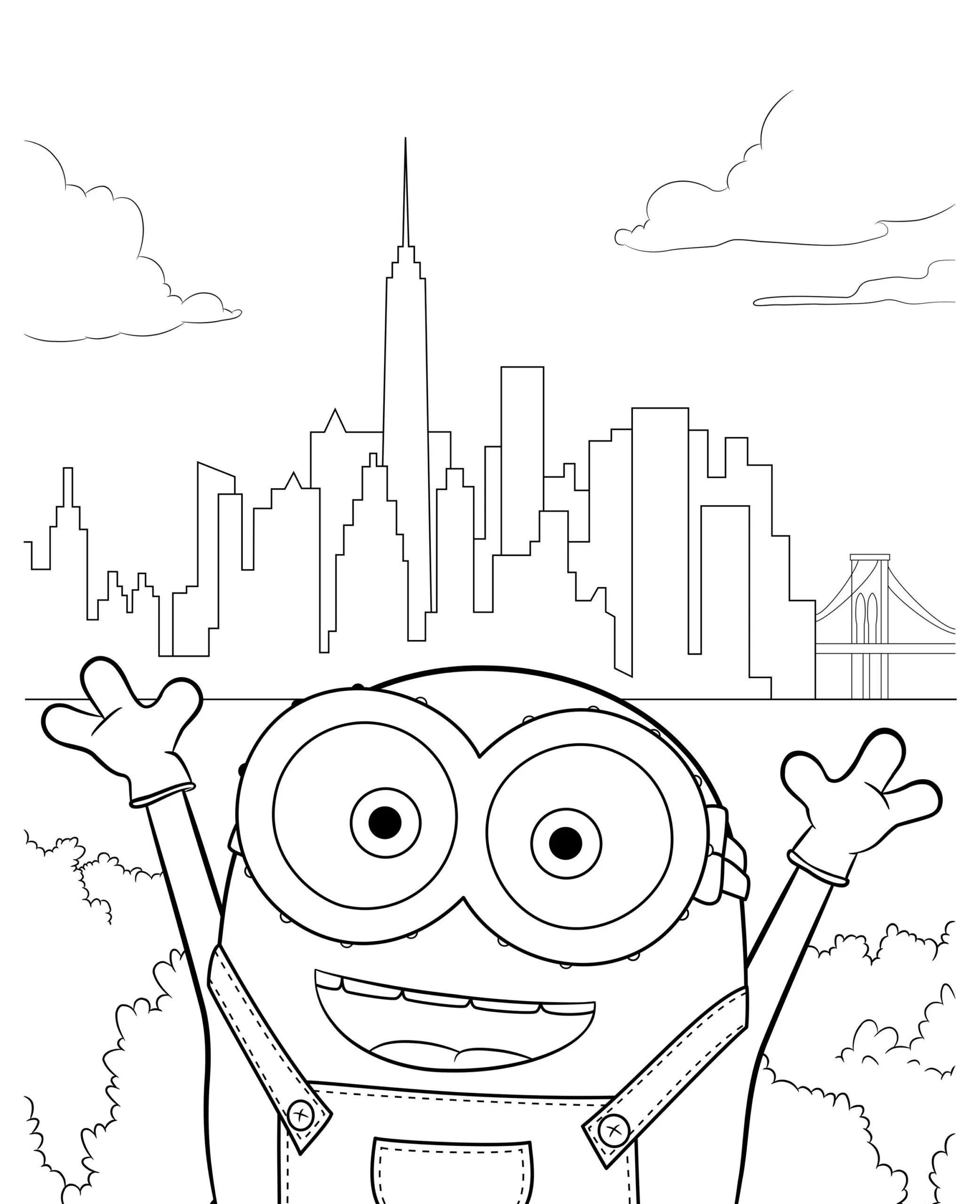 Minion para colorir em cenário urbano com arranha-céus e ponte. Desenho divertido para atividades criativas.