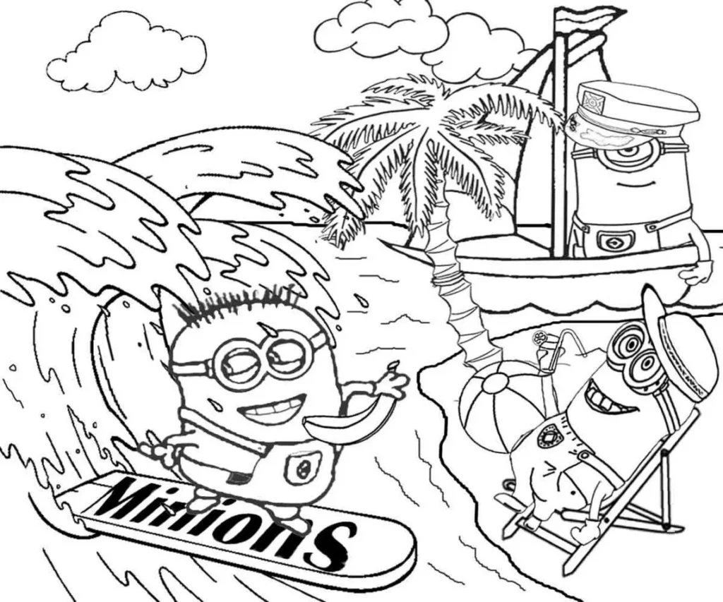 Minions na praia: desenho para colorir com diversão e aventura no mar.