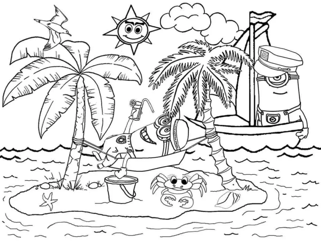 Minions na Ilha Tropical: Desenho para colorir com sol, praia e diversão