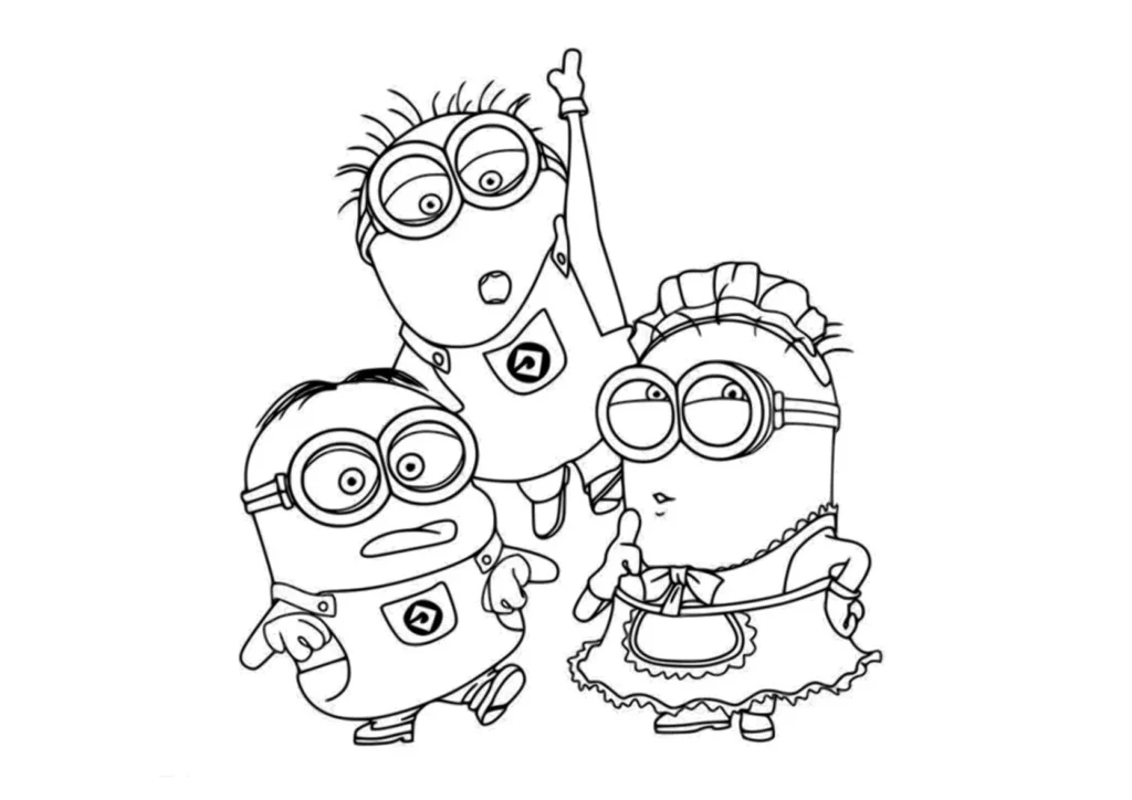Minions para colorir: três amigos em ação. Desenho divertido para crianças.