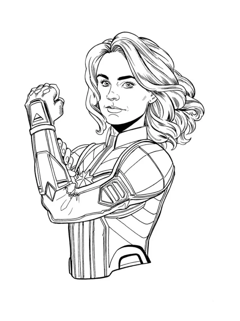 Capitã Marvel exibindo força: Desenho para colorir em PDF