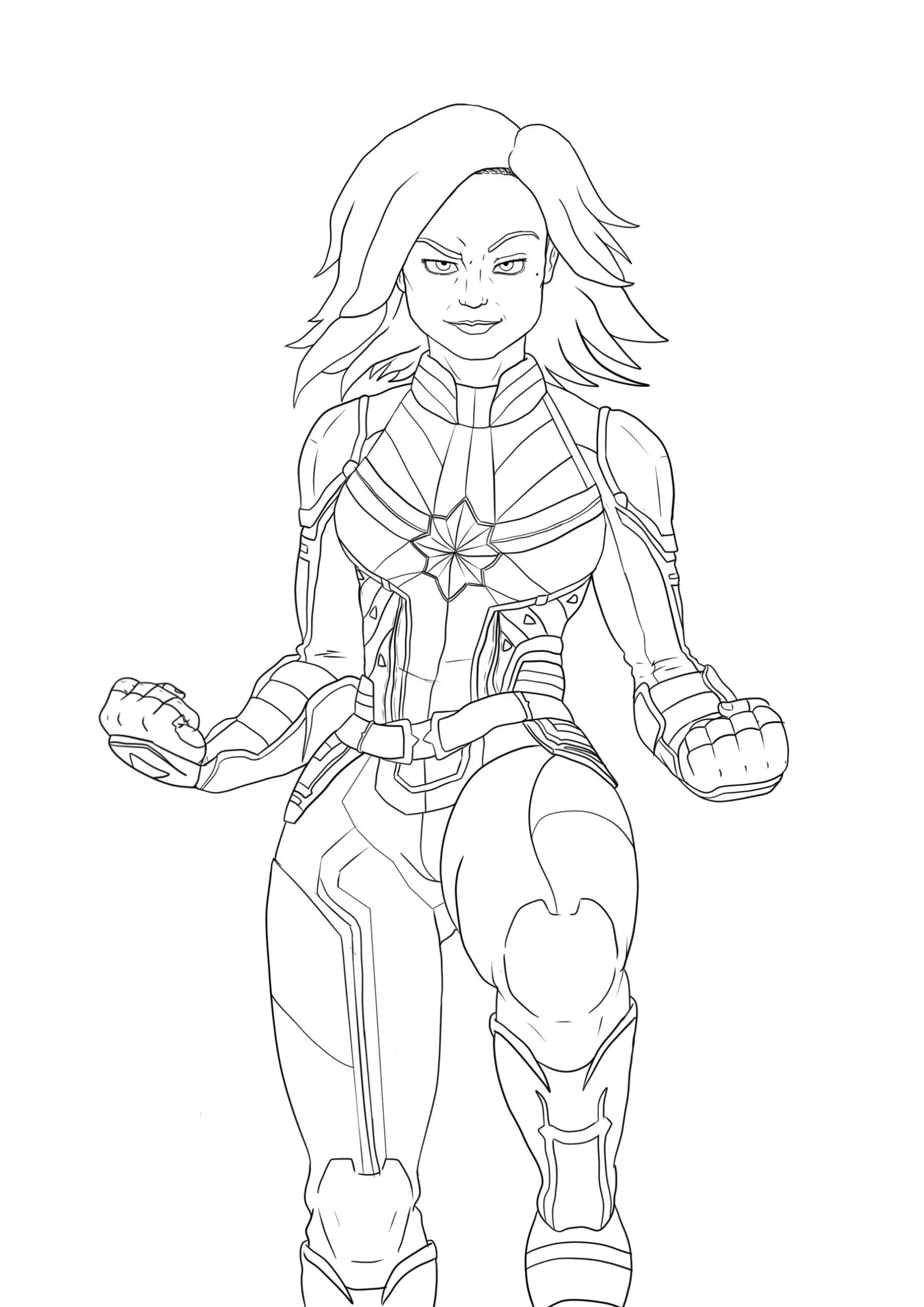 Desenhos da Capitã Marvel em PDF para colorir Poderosa Capitã Marvel para colorir: arte da heroína com punhos cerrados e uniforme icônico.