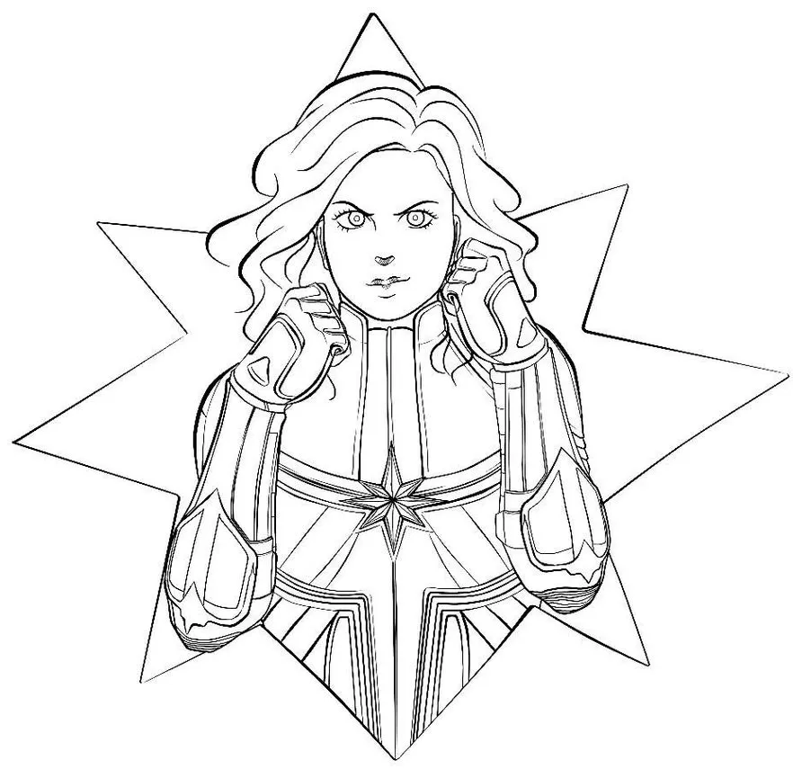 Capitã Marvel para colorir: Super-heroína em pose de ação, pronta para imprimir.