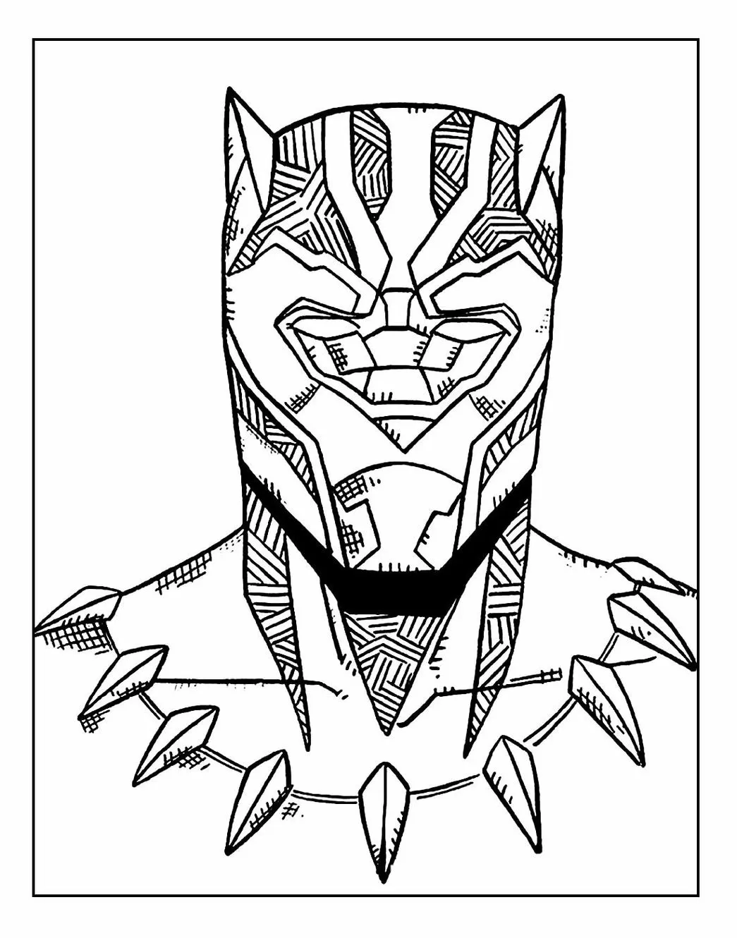 Desenhos da Pantera Negra em PDF para colorir Orelhas de Gato Máscara da Pantera Negra com orelhas de gato para colorir em PDF. Arte com padrões geométricos e adornos de garras.