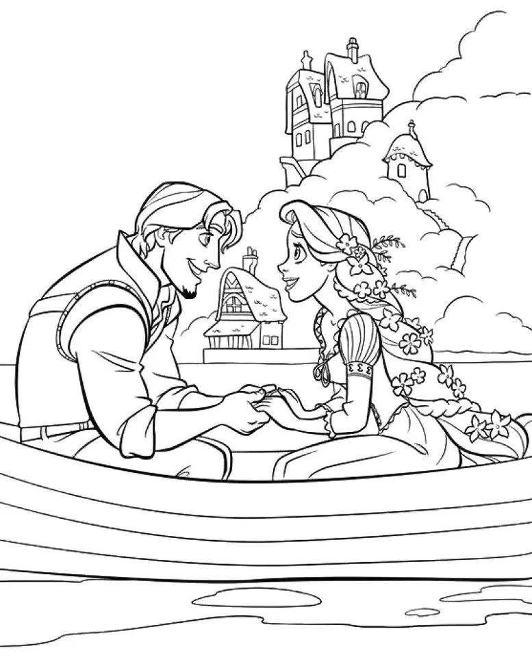 Rapunzel e Flynn Rider apaixonados em cena romântica no barco, prontos para colorir.