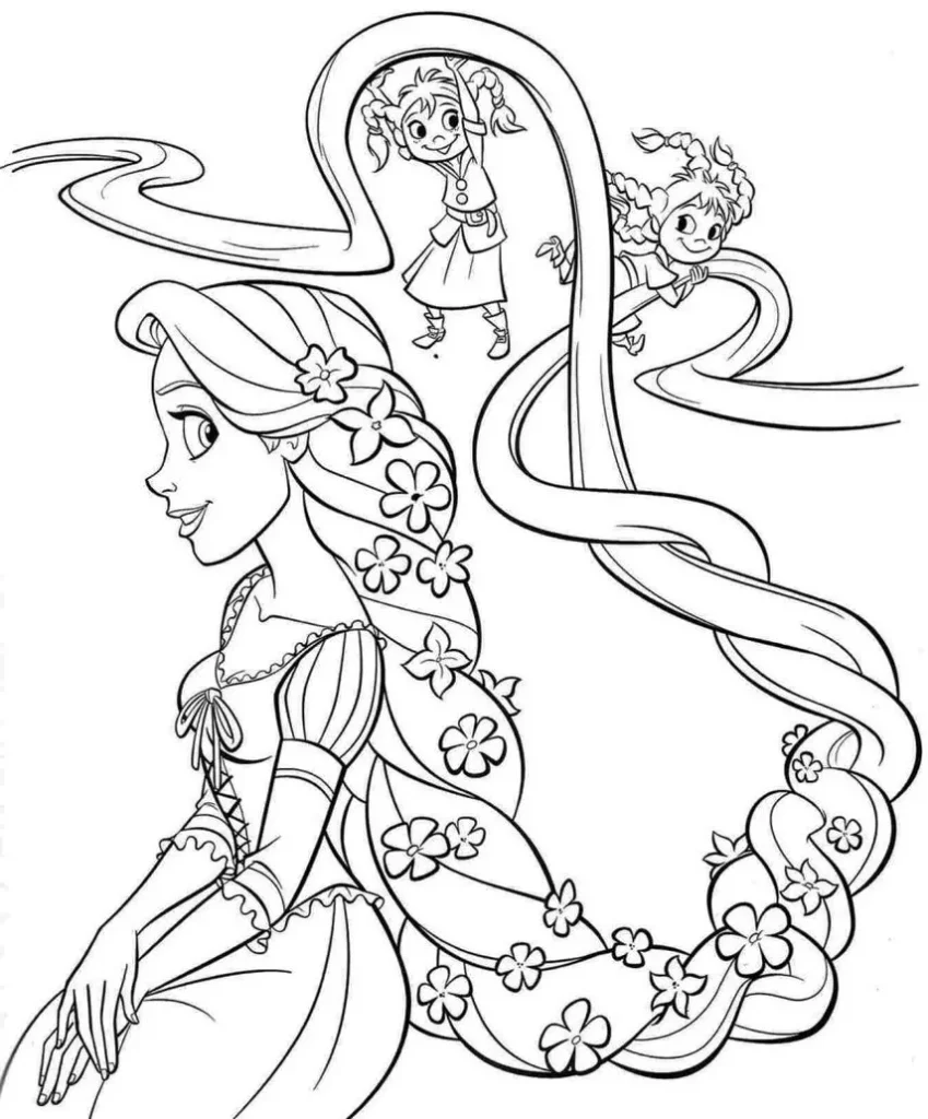 Rapunzel para colorir: desenho com cabelo longo e flores