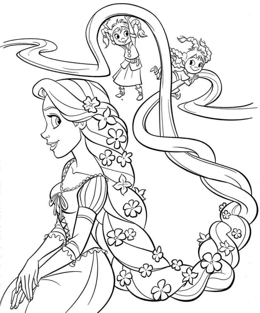 Rapunzel para colorir: desenho com cabelo longo e flores