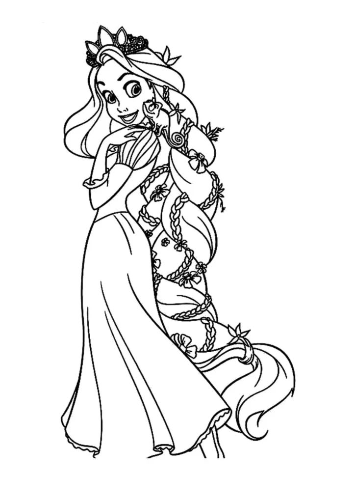 Rapunzel para colorir: desenho com longo cabelo trançado e Pascal