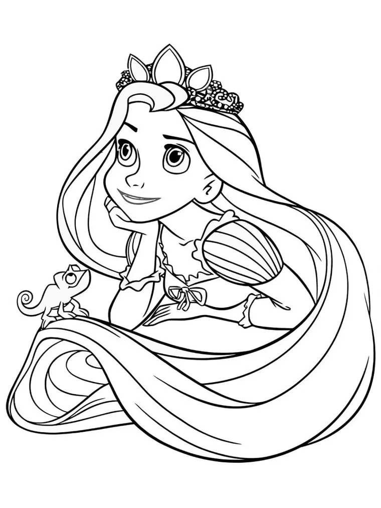 Rapunzel com coroa: desenho para colorir em PDF