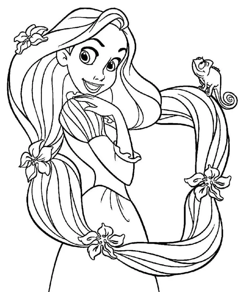 Desenhos da Rapunzel em PDF para colorir. Flores no Cabelo