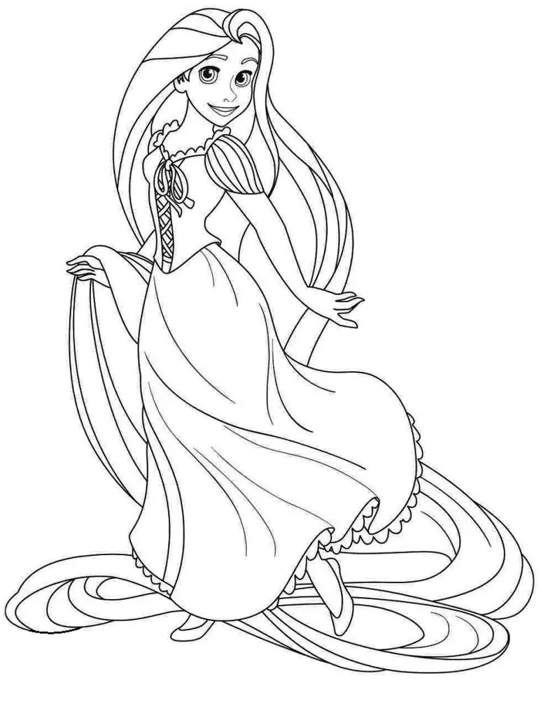 Rapunzel para colorir: Desenho da princesa de longos cabelos e vestido elaborado.