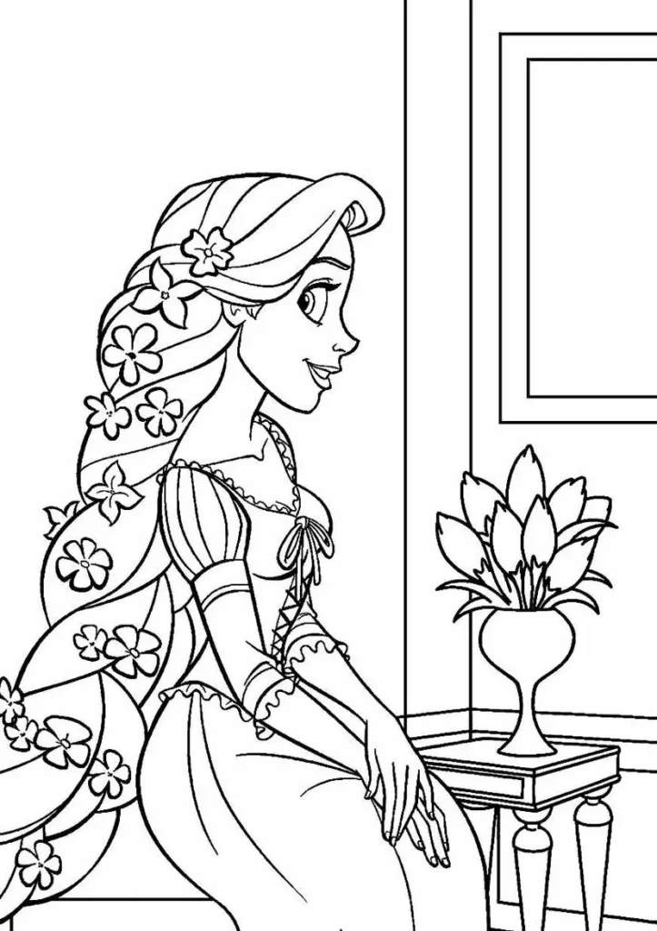 Rapunzel para colorir: Lindo penteado adornado com flores em desenho artístico