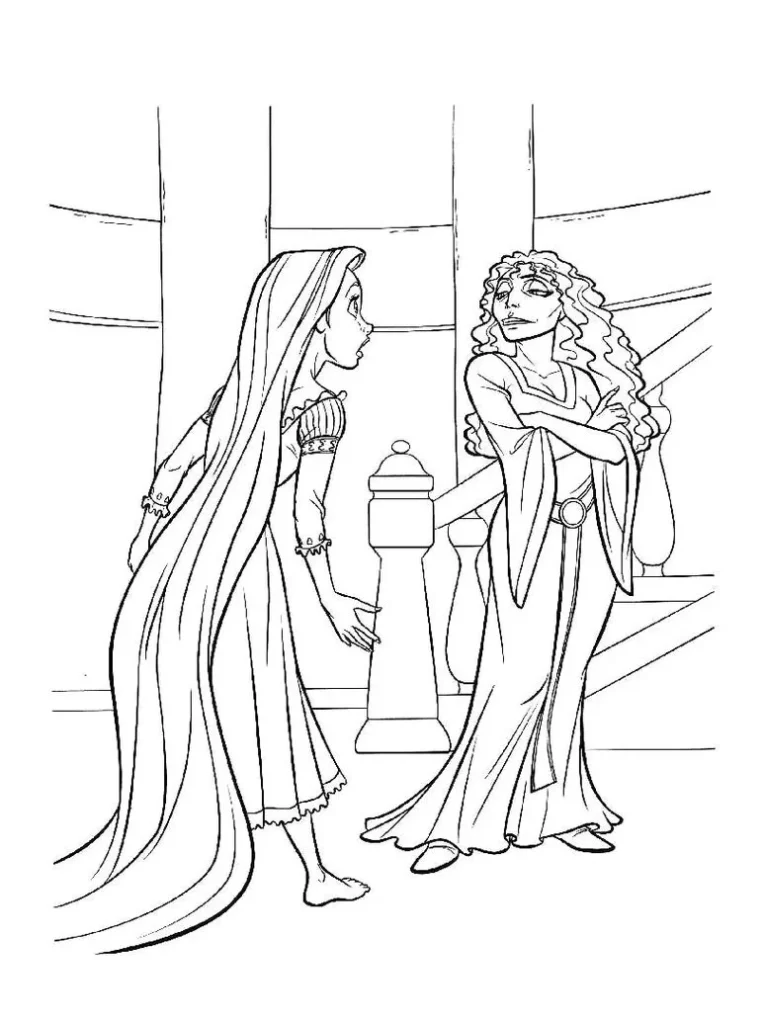 Rapunzel e Gothel em desenho para colorir: cena da torre