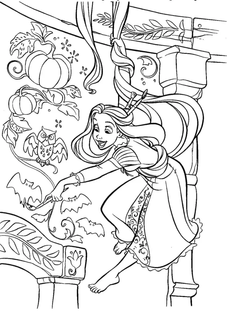 Rapunzel para colorir: desenho artístico pendurada pelos cabelos em meio a abóboras, coruja e morcegos.