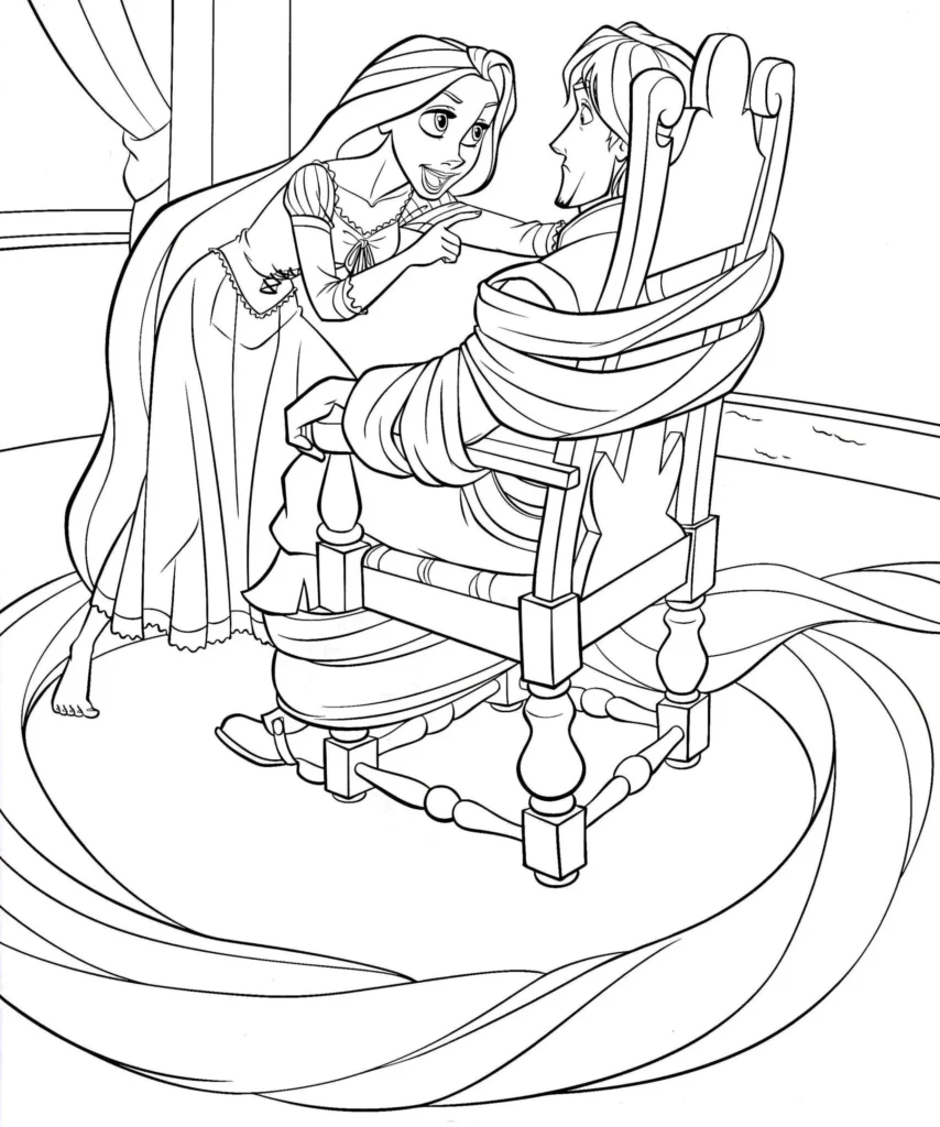Rapunzel e príncipe amarrado em cena para colorir. Desenho da princesa apontando para homem preso a cadeira.