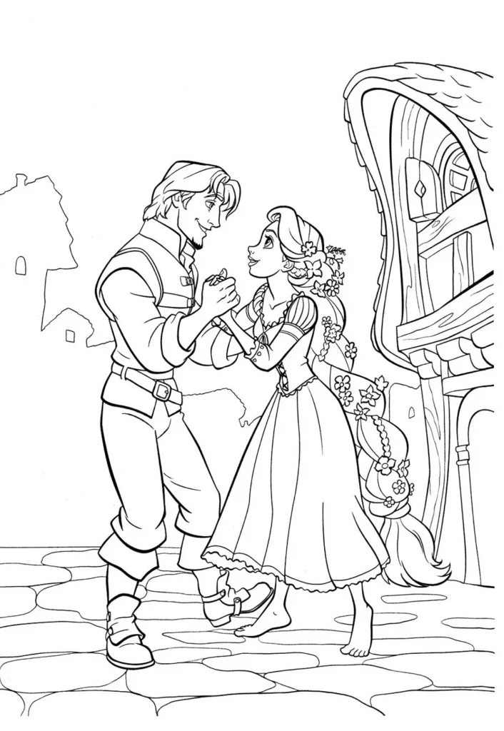 Rapunzel e Príncipe Encantado dançando: desenho para colorir em PDF.