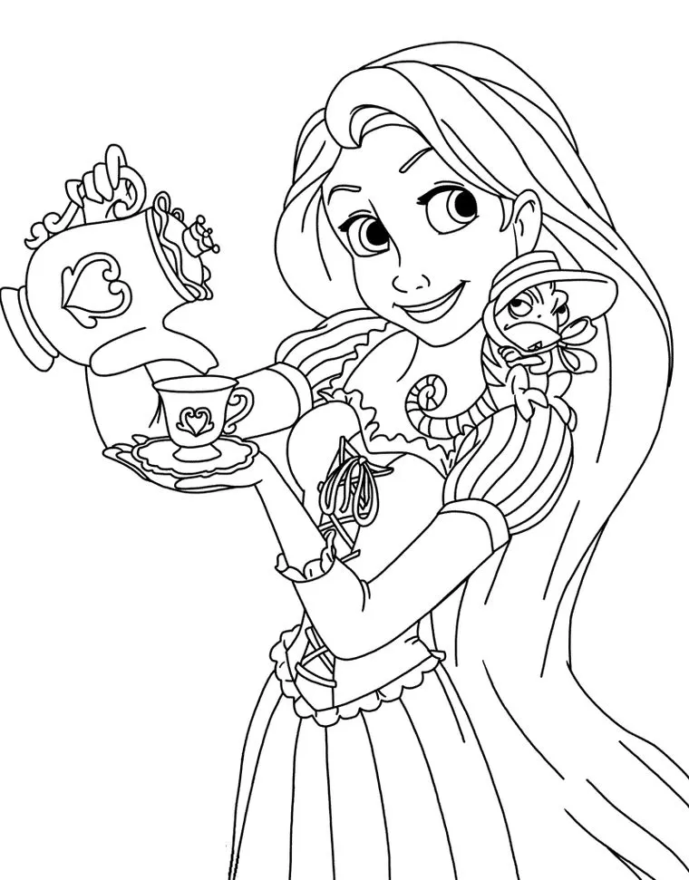 Rapunzel servindo chá: desenho para colorir em PDF