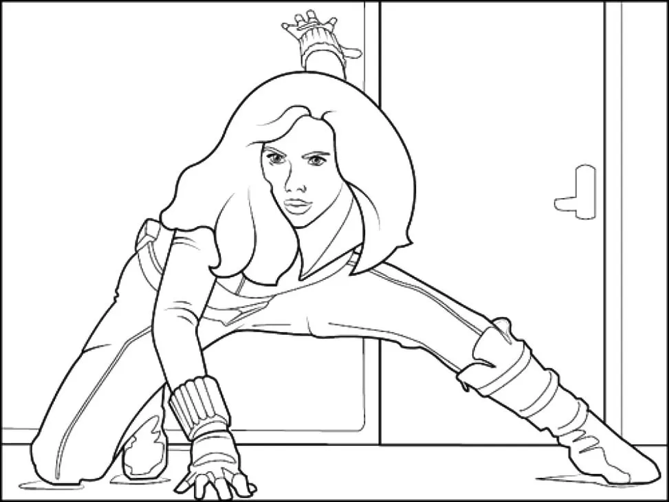 Viúva Negra em pose de ação: arte para colorir em PDF.