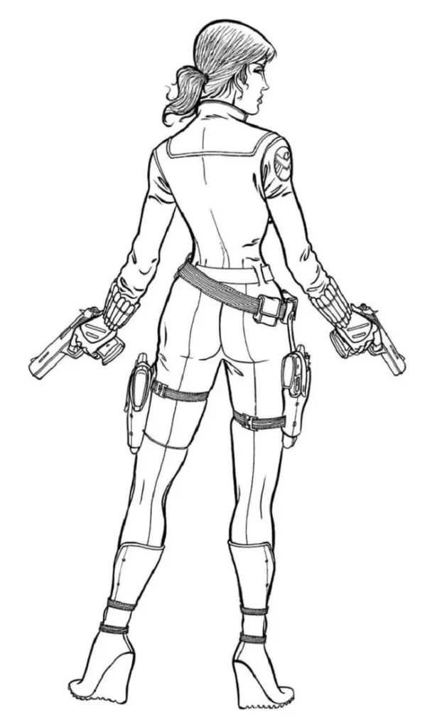 Viúva Negra armada: Desenho em PDF para colorir com foco na figura feminina de ação.