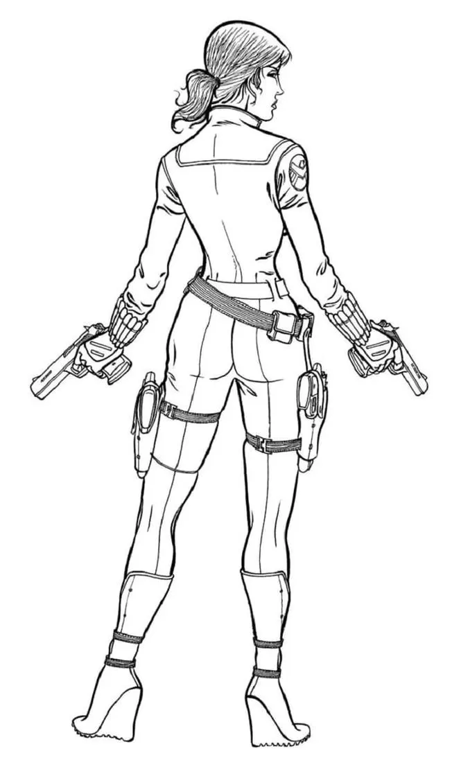Desenhos da Viúva Negra em PDF para colorir Mulher Armada Viúva Negra armada: Desenho em PDF para colorir com foco na figura feminina de ação.