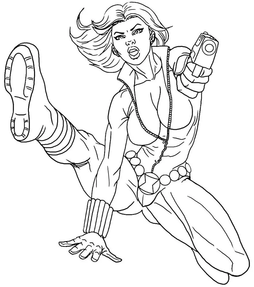 Viúva Negra em ação: desenho para colorir em PDF mostra heroína pronta para o combate.