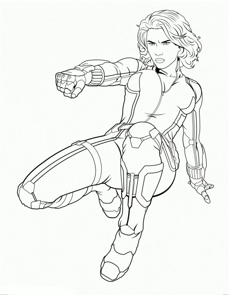 Viúva Negra pronta para colorir: Desenho em PDF da heroína em pose de ação