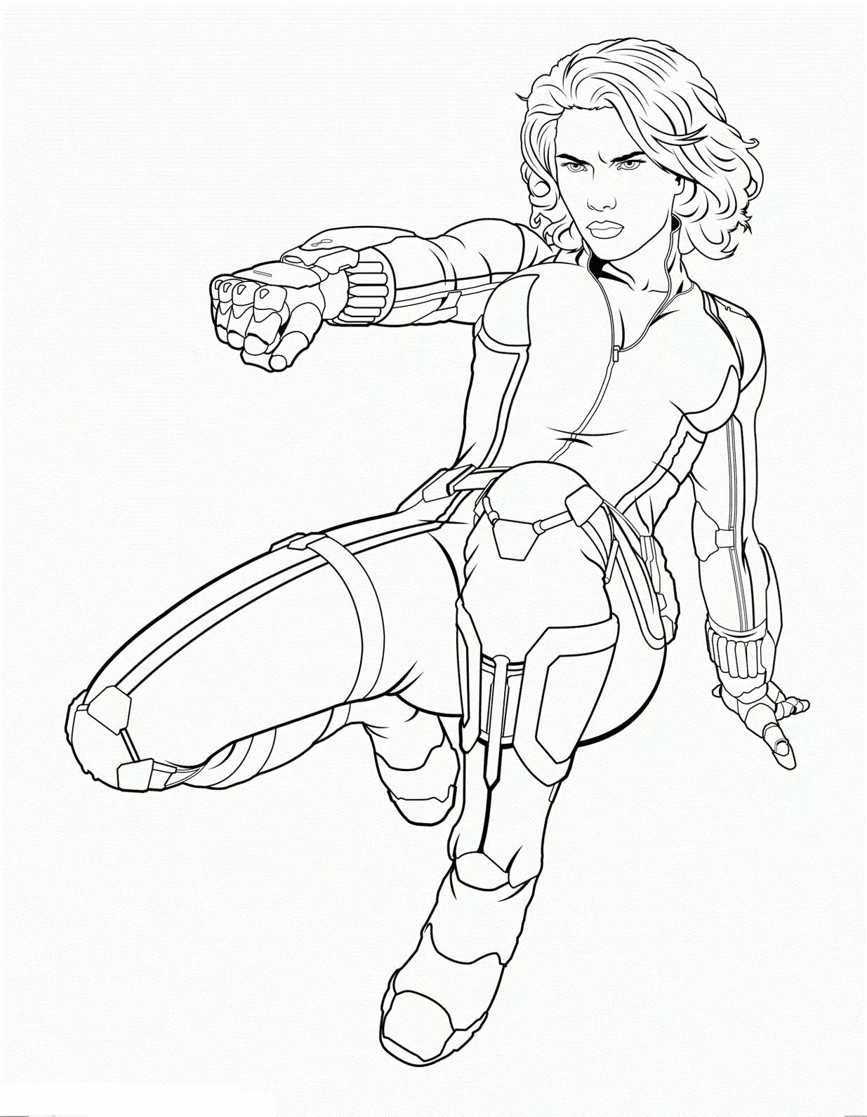 Desenhos da Viúva Negra em PDF para colorir Super Força Viúva Negra pronta para colorir: Desenho em PDF da heroína em pose de ação