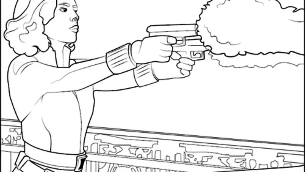 Viúva Negra armada em desenho para colorir. Perfil da heroína em ação.