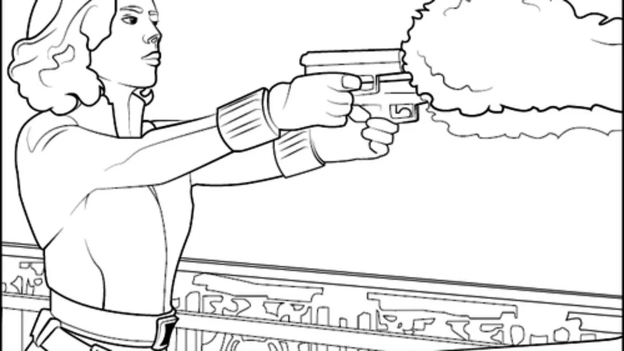 Desenhos da Viúva Negra em PDF para colorir Treinada Viúva Negra armada em desenho para colorir. Perfil da heroína em ação.