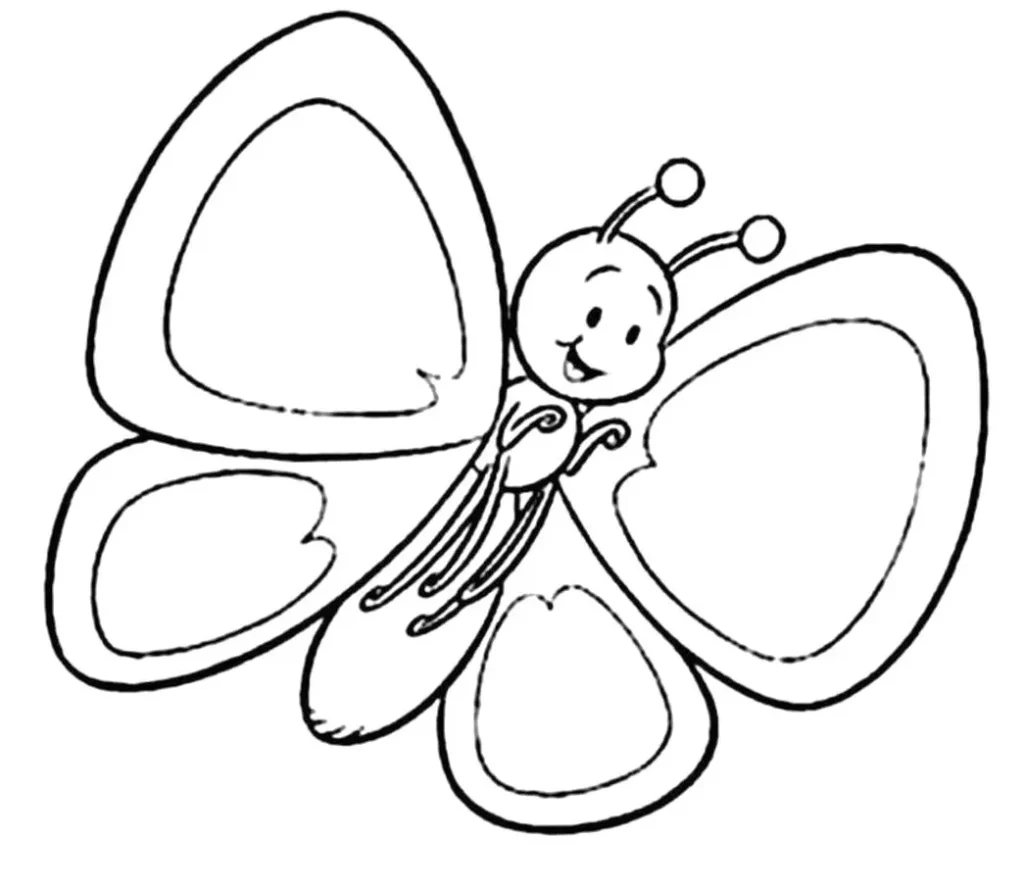 Borboleta sorridente para colorir em PDF. Desenho alegre com corpo redondo e asas decoradas.
