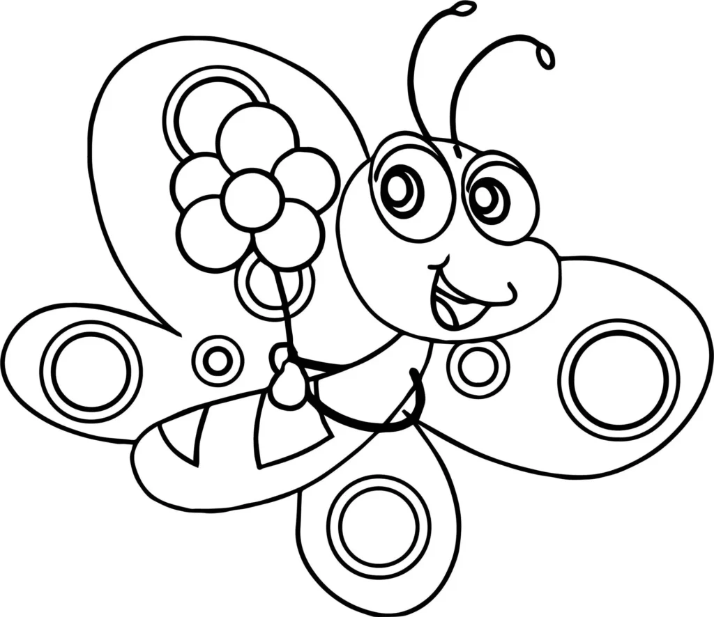 Borboleta sorridente com flor: desenho para colorir com padrões nas asas.