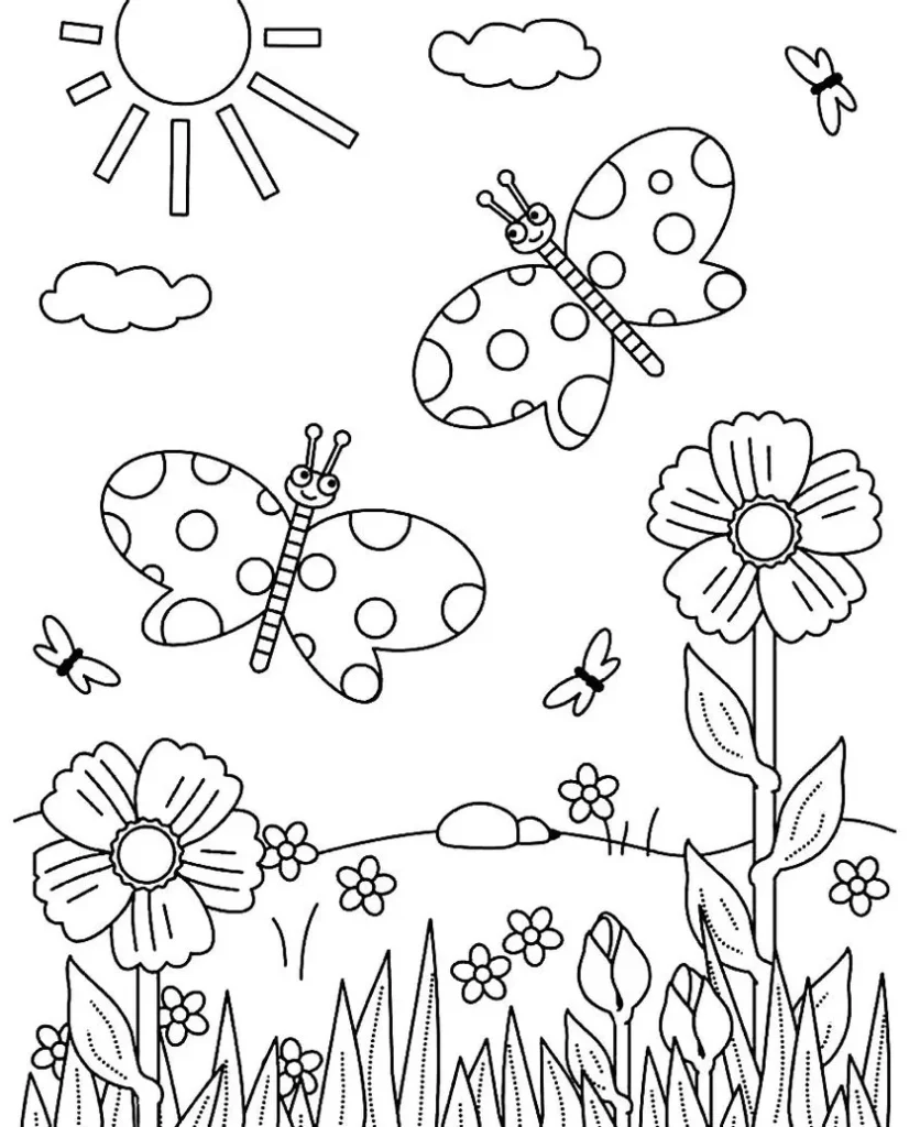 Desenho de jardim ensolarado com borboletas e flores para colorir em PDF.