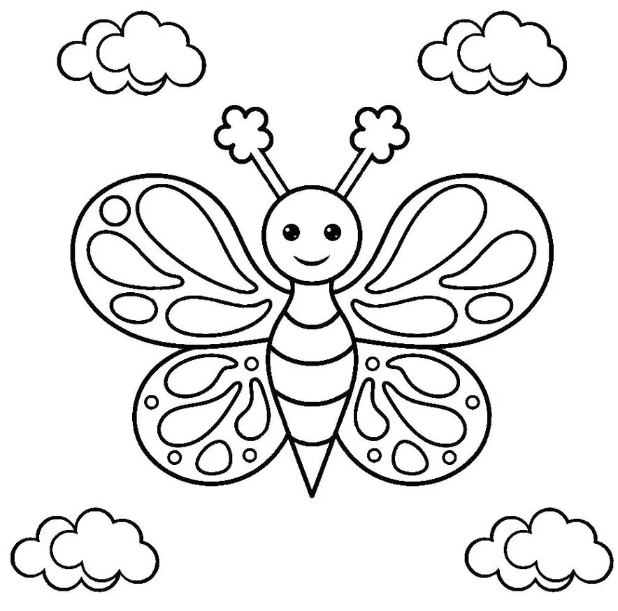 Borboleta no céu para colorir em PDF. Desenho com borboleta estilizada sorrindo e nuvens fofas.
