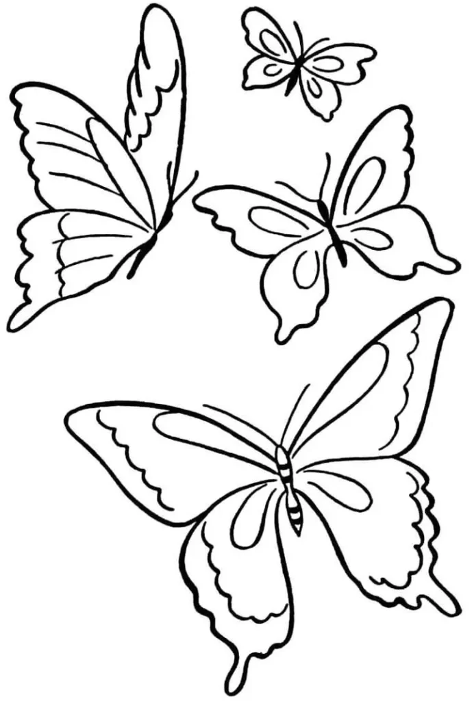 Download Grátis: Desenhos de Borboletas Voando em PDF para Colorir. Quatro borboletas de tamanhos e estilos variados em movimento.