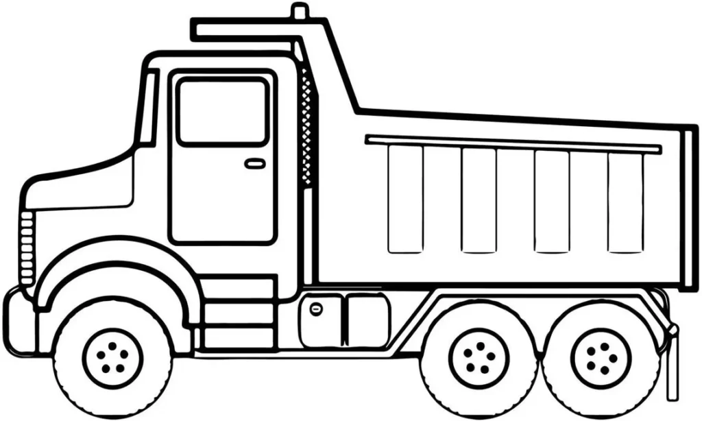 Desenho de Caminhão Basculante para Colorir em PDF - Caçamba Detalhada, Cabine com Porta e Janela, Rodas com Pneus e Parafusos. Ideal para Atividades de Colorir e Desenvolver a Criatividade.