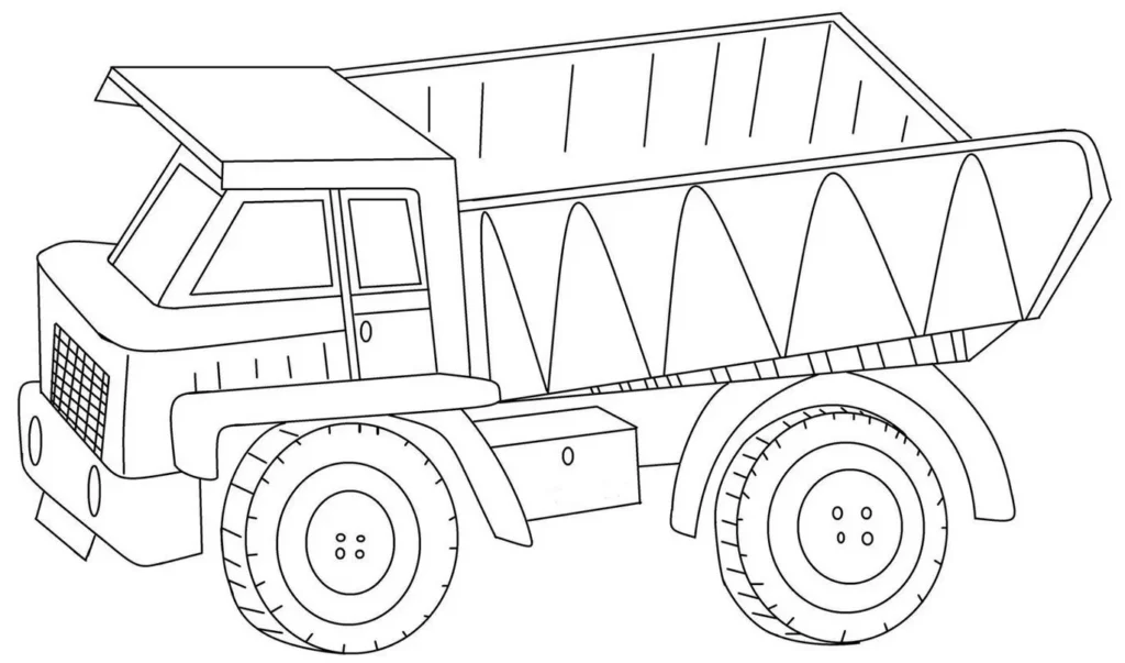 Desenho de Caminhão Caçamba para Colorir em PDF: Cabine detalhada, caçamba ondulada e pneus grandes - Download Gratuito