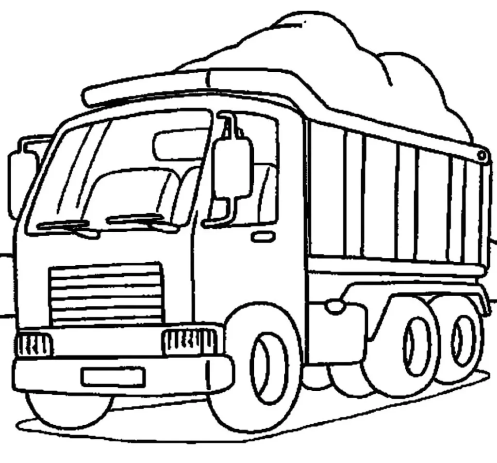 Desenho de caminhão basculante carregado com areia para colorir em PDF. Detalhes como espelhos, limpadores e grade frontal.