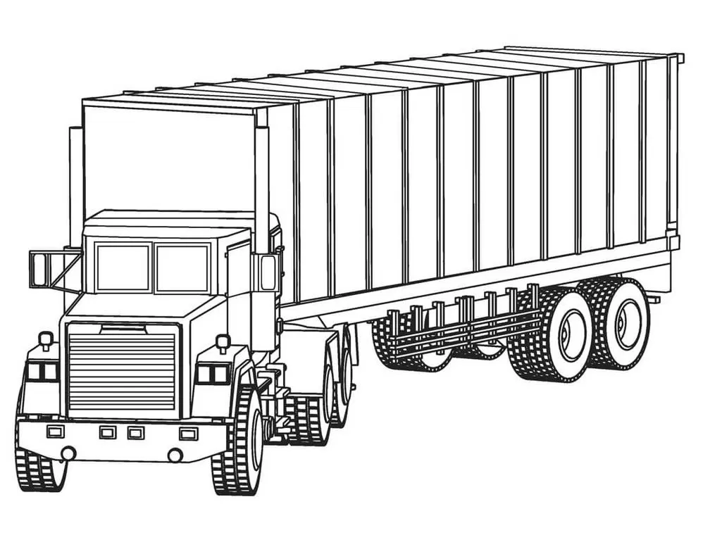 Desenho de caminhão contêiner para colorir em PDF. Imagem detalhada de um caminhão de transporte com contêiner para atividades infantis e passatempos criativos.