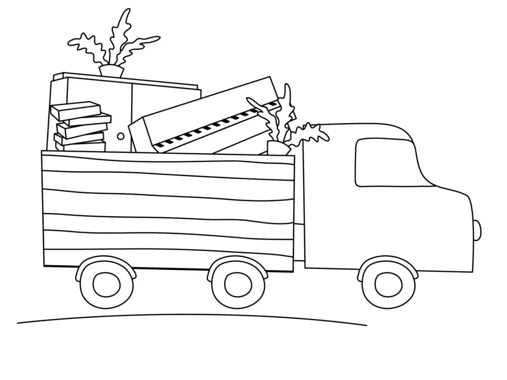 Caminhão de mudança carregado com móveis e caixas: Desenho para colorir em PDF.