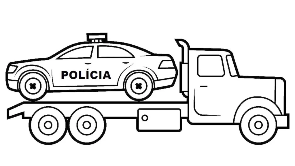 Caminhão Reboque com carro de polícia para colorir em PDF.
