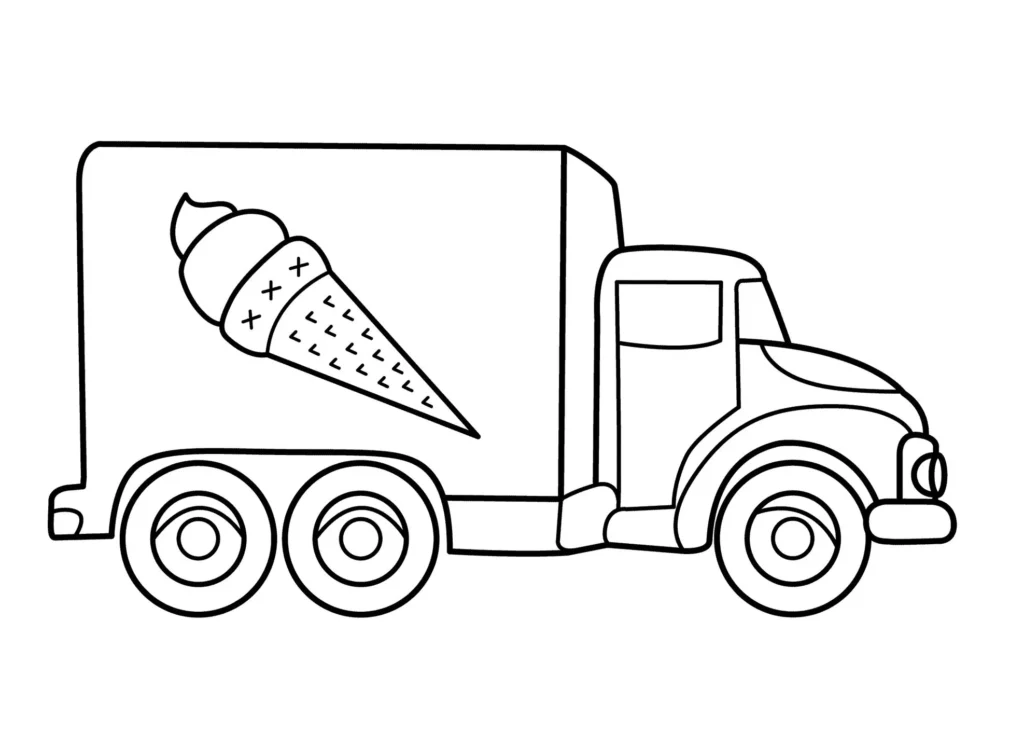 Caminhão de sorvete para colorir em PDF: desenho divertido com casquinha estampada.